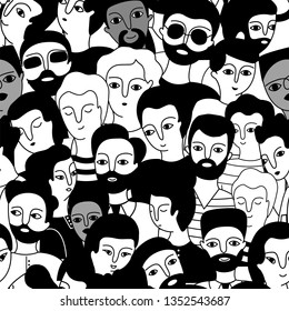 Seamless pattern with a multicultural group of men (Muslim, Asian, European) on a white background. Happy father's day!  Social diversity. Doodle cartoon vector seamless pattern.

