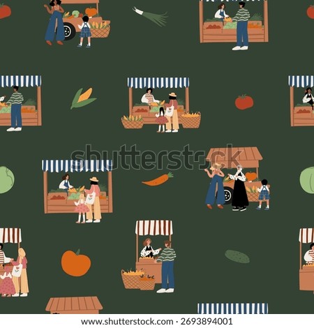 seamless pattern with multicultural people at farmers market — adults, kids, stalls, vegetables, Muslim woman, Black family, local produce, green background. Flat vector illustration.