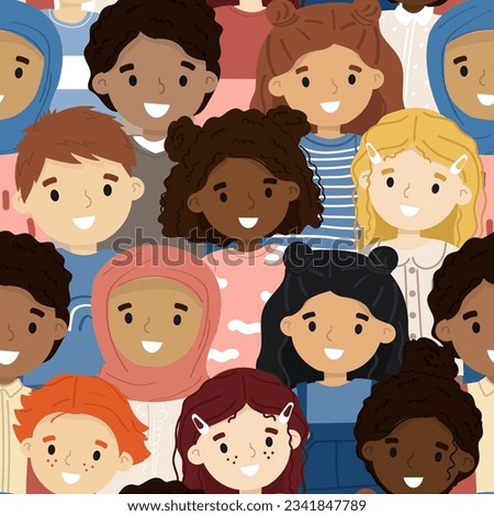 Seamless pattern with a multiethnic group of children.