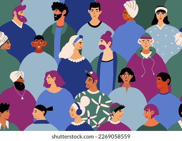 Seamless pattern with multiethnic people in trendy hipster clothes. Diversity of group people in stylish outfit standing together. Society or population, social diversity. Сartoon vector illustration.