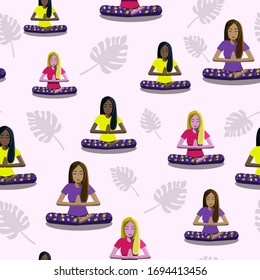 Nahtlose Muster mit multinationalen Mädchen, die Yoga und Meditation, umgeben von tropischen Blättern. Vektorgrafik in flachem Stil für Hintergrund, Textilien, Druck, Pfotenseite, App.