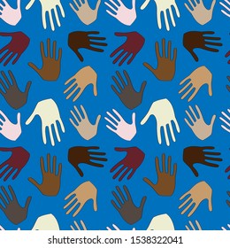 Seamless pattern with multinational human palms on a blue background.