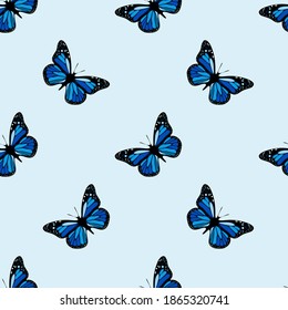 Seamless pattern of multiple bright blue butterflies on pale bluish background.