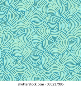 Seamless pattern of multiple circles in blue color, line art hand-drawn illustration
