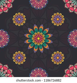 Seamless pattern with multiple colorful mandalas