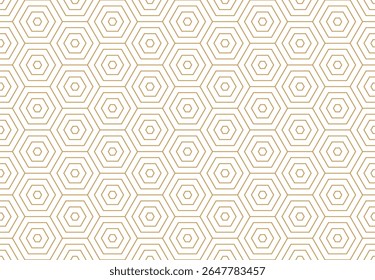 Padrão sem emenda várias linhas e grade de hexágonos concêntricos dourados em um fundo branco, oferecendo uma estética moderna e minimalista.