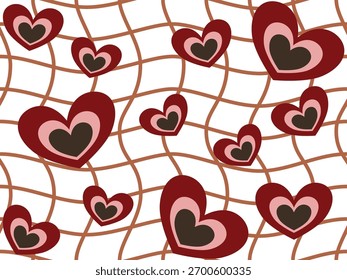 Seamless pattern with multiple maroon and pink layered hearts distributed over a brown wavy grid on a white background