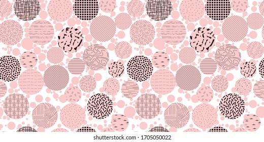 Seamless pattern of multiple size textured pink polka dots on white background, abstract geometric texture for textiles , wrapping paper , wallpaper , girly trendy fashionable design , table cloth
