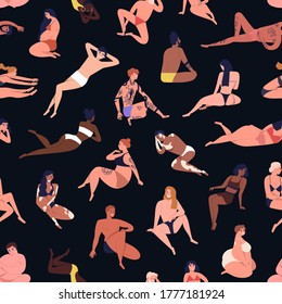 Seamless pattern of multiracial body positive people dressed in beachwear. Pregnant, tattoo, dark skin men, women. Different figures in flat cartoon vector illustration isolated on black background.