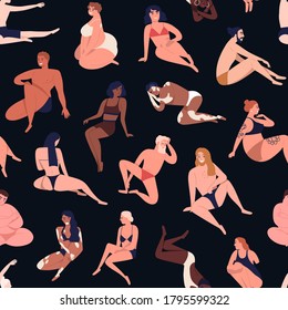 Seamless pattern of multiracial body positive people in beachwear. Woman and man of diverse size, age, shape, skin color and nationality. Flat cartoon vector illustration isolated on black background