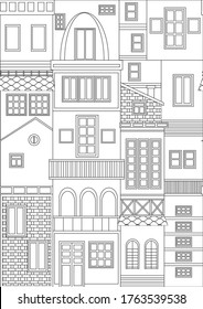 Patrón sin problemas con arquitectura de varios niveles de Europa como libro de colorantes antiestrés para adultos. Esbozo o ilustración lineal del material vectorial con casas incoloras como página de coloración para relajarse