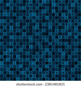 Seamless pattern with multitude of 0 and 1 symbols of binary code, dark monochrome digital technology background in blue colors