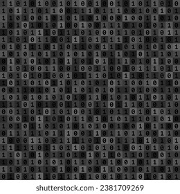 Seamless pattern with multitude of 0 and 1 symbols of binary code, dark monochrome digital technology background in shades of gray