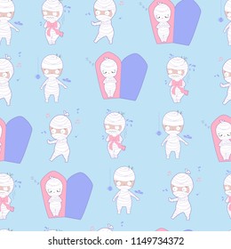 Seamless pattern mummy cartoon with pastel color in different situations. Cute character design. Child in halloween costume concept.Using as background or wallpaper. Vector illustration. 