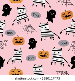 seamless pattern of mummy cats , Halloween pumpkins , ghosts , spiderwebs and text Boo!  on  pastel pink background, vector,illustation 