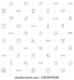 Seamless pattern with muscle icon on white background. Included the icons as fitness, flexing, working out, gym, dumbbell, weight, scale, ball, healthy, measure and design elements And Other Elements.