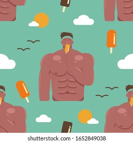 Seamless pattern muscle man eating ice cream in summer flat vector illustration.color retro and minimal,cartoon hand drawn texture vector illustration
