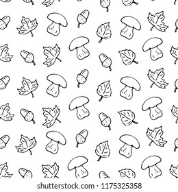 Seamless pattern of a mushroom, acorn, leaves outline on a white background. Autumn wallpaper. Hand drawing. Vector illustration in a cartoon style.