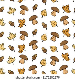 Seamless pattern of a mushroom, acorn, yellow leaves on a white background. Autumn wallpaper. Hand drawing. Vector illustration in a cartoon style.