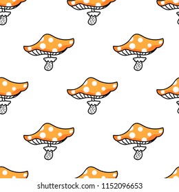 Seamless pattern with mushroom Amanita on a white background in the cartoon style. Vector illustration.