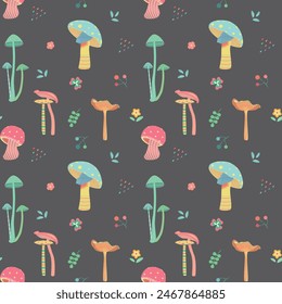 Seamless pattern with mushroom in cartoon style. Black background. Perfect for children's clothing design. Greeting card design, fabric print, scrapbooking, wrapping paper design and textiles.