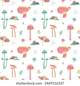 Seamless pattern with mushroom in cartoon style. White background. Perfect for children's clothing design. Greeting card design, fabric print, scrapbooking, wrapping paper design and textiles.