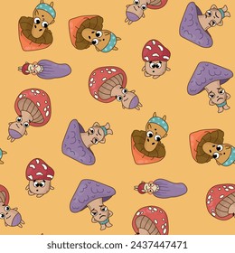 Seamless pattern with mushroom characters. Design for fabric, textile, wallpaper, packaging.	
