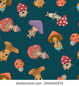 Seamless pattern with mushroom characters. Design for fabric, textile, wallpaper, packaging.	