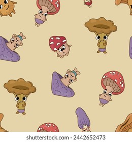Seamless pattern with mushroom characters. Design for fabric, textile, wallpaper, packaging.	
