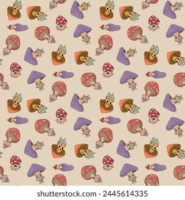 Seamless pattern with mushroom characters. Design for fabric, textile, wallpaper, packaging.	
