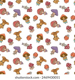 Seamless pattern with mushroom characters. Design for fabric, textile, wallpaper, packaging.	
