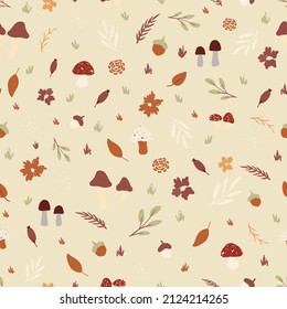 Seamless pattern of mushroom cottagecore  in neutral colors.