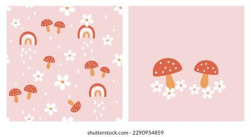 Seamless pattern with mushroom, cute flower and rainbows on pink background vector illustration. Mushroom and little flower card.