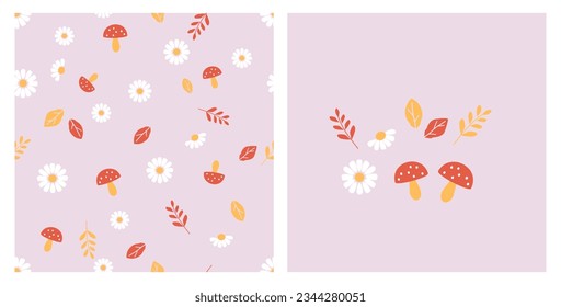 Seamless pattern with mushroom, daisy flower, branch and leaf on purple background vector illustration.