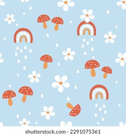 Seamless pattern with mushroom, flower and rainbows on blue sky background vector illustration.