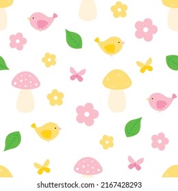 Seamless pattern mushroom flowers birds vector illustration