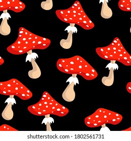 seamless pattern mushroom fly agaric on black background.  vector illustration of cartoon fly agaric isolated
