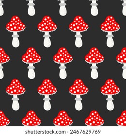 Seamless pattern with Mushroom fly agaric. Red mushroom with white spots toxic  mushroom repeating background. Vector illustration