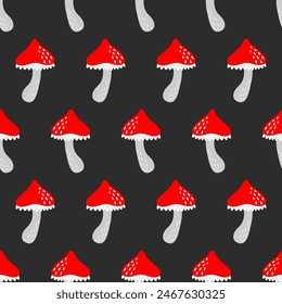 Seamless pattern with Mushroom fly agaric. Red mushroom with white spots toxic  mushroom repeating background. Vector illustration