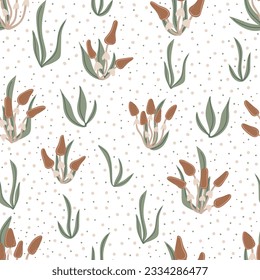 Seamless pattern with mushroom in grass. Autumn design.  Modern floral print for fabric, textiles, wrapping paper. Vector illustration