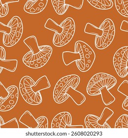 Seamless pattern mushroom hand drawing isolated on orange background.Vector illustration