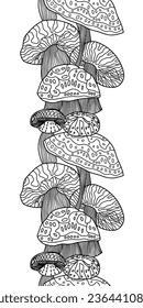 Seamless pattern with mushroom - hand drawn black and white vector illustration.