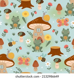 seamless pattern with mushroom house, insect, frog