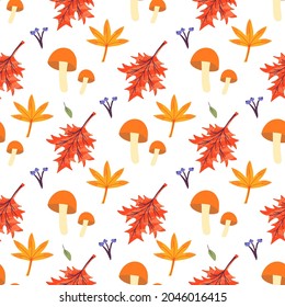 Seamless pattern with mushroom and leaves of maple, oak, ash. Autumn background template decorated with trendy elements. Flat natural vector illustration for advertisement, promotion