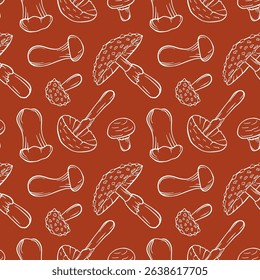 Seamless pattern with mushroom in line art style on red background. Trumpet, Fly Agaric, Destroying Angel, Champignon. Perfect for food design, delivery packaging, fabric or kitchen wallpaper.