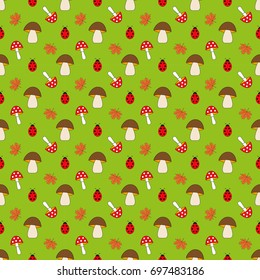 Seamless pattern with mushroom and Maple leaves  on green background.  Baby cartoon background. Good for birthday, wallpaper, pattern, surface textures, printing onto fabric and paper.
