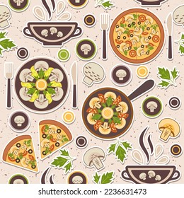 Nahtlose Muster mit Pilzgergerichten. Pizza, Suppe, rohe, gebratene Champignons. strukturierter Hintergrund. Einfache geometrische Gestaltung. Gut für die Markendarstellung, Dekoration von Lebensmittelverpackungen, Cover-Design, dekorative Drucke