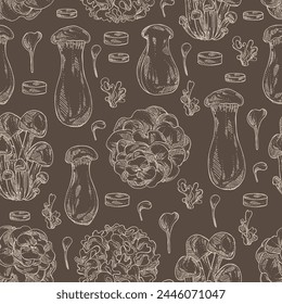 Seamless pattern with  mushroom: nameko pholiota, eringi, tremella fuciformis and maitake. Vector hand drawn illustration