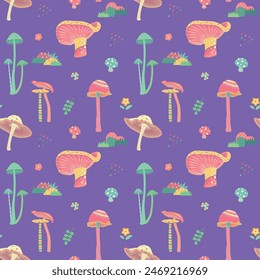 Seamless pattern with mushroom in nursery style. Purple background. Perfect for children's clothing design. Greeting card design, fabric print, scrapbooking, wrapping paper design and wallpaper..