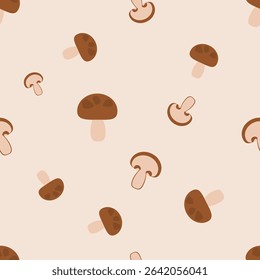 Seamless pattern with mushroom on light brown background vector. Flat design vector.